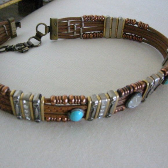 Western Style Tan Leather Belt Native Beaded Turquoise Rhinestones Cabochons main image 3